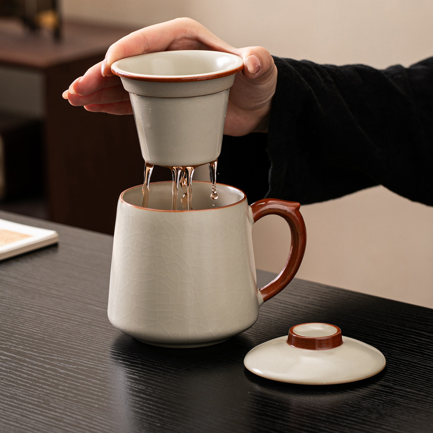 汝窑陶瓷泡茶杯家用办公室个人马克杯带盖过滤简约茶水分离杯