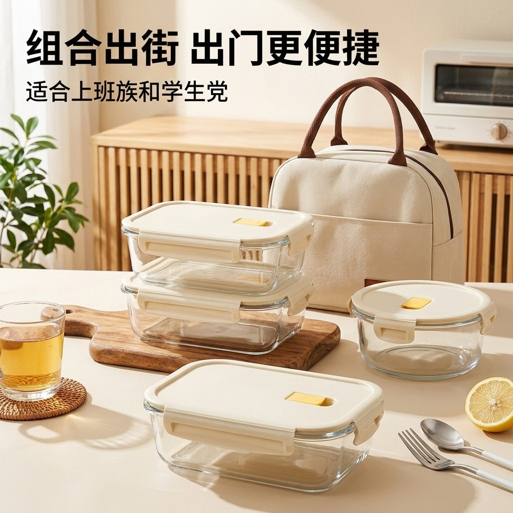 玻璃饭盒玻璃碗透明方形微波炉保鲜便当盒上班族带饭餐盒分格密封