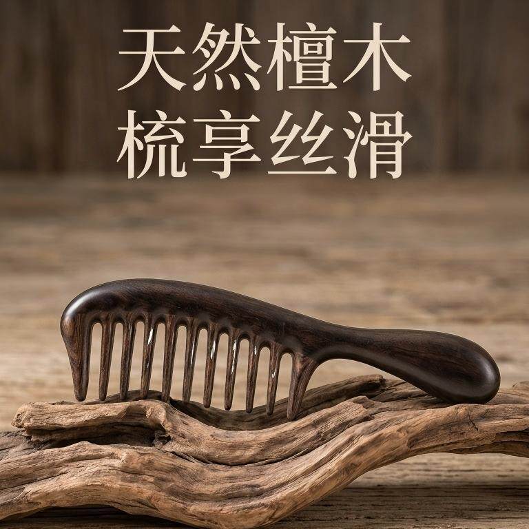 黑檀木宽齿梳家用长柄按摩梳顺发头皮经络梳养生女士大齿檀木梳子