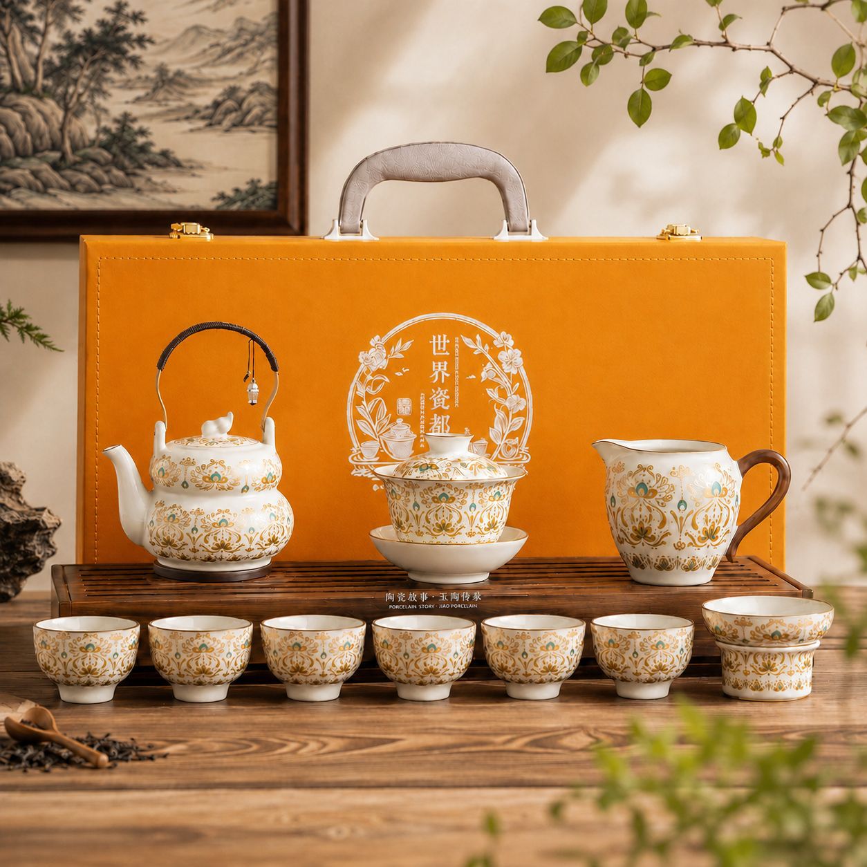 宝相花中国风茶具套装礼盒装整套陶瓷汝窑大容量提梁壶礼品伴手礼