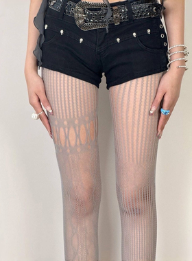 千禧辣妹y2k蕾丝拼接镂空网袜薄款小众ab款渔网灰色裤袜黑丝袜