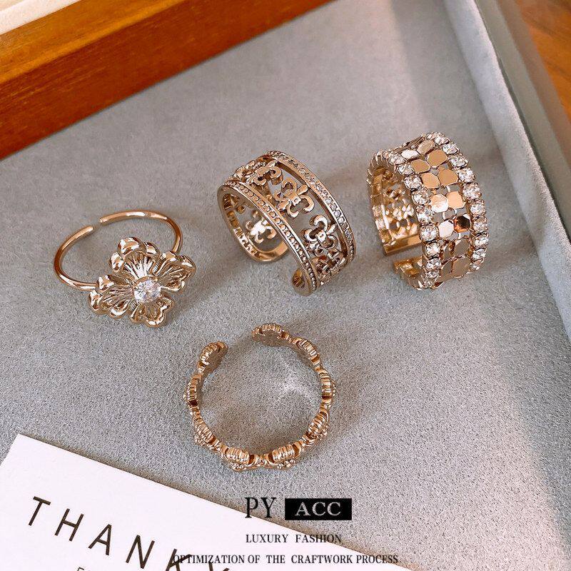 简开口高级感手饰〖百搭亮片锆石轻奢金简约圆形戒指镂花〗笺指环