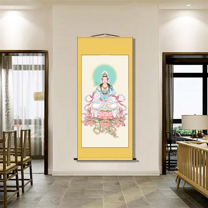 新品白衣观音画像保平安佛堂供y奉挂画观世音菩萨佛像挂画丝绸画