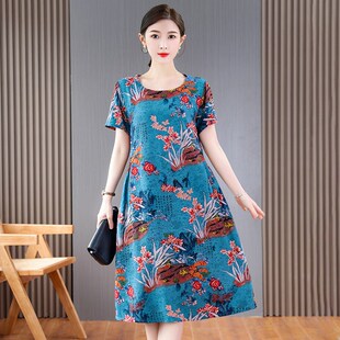 中老年人连衣裙女20r25新款 短袖 夏装 宽松妈妈装 棉绸裙子大码 新品