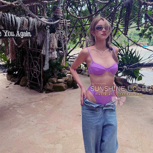 极速欧美ins新款 性感紫色w高叉比基尼泳衣女钢托聚拢美黑分体度假