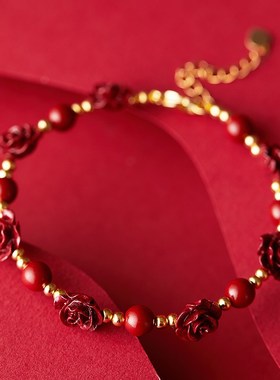 新品新品推荐天然朱砂雕刻玫瑰花手链女一路生花国风转.运手串本