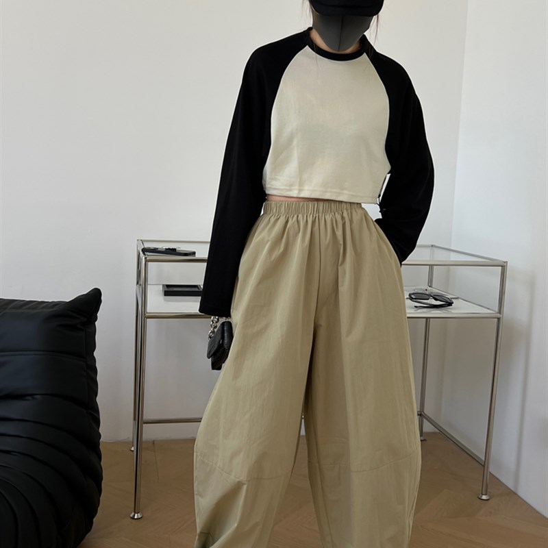卡其日系弧形阔k腿裤秋季新款廓形休闲极简风阔腿灯笼裤女