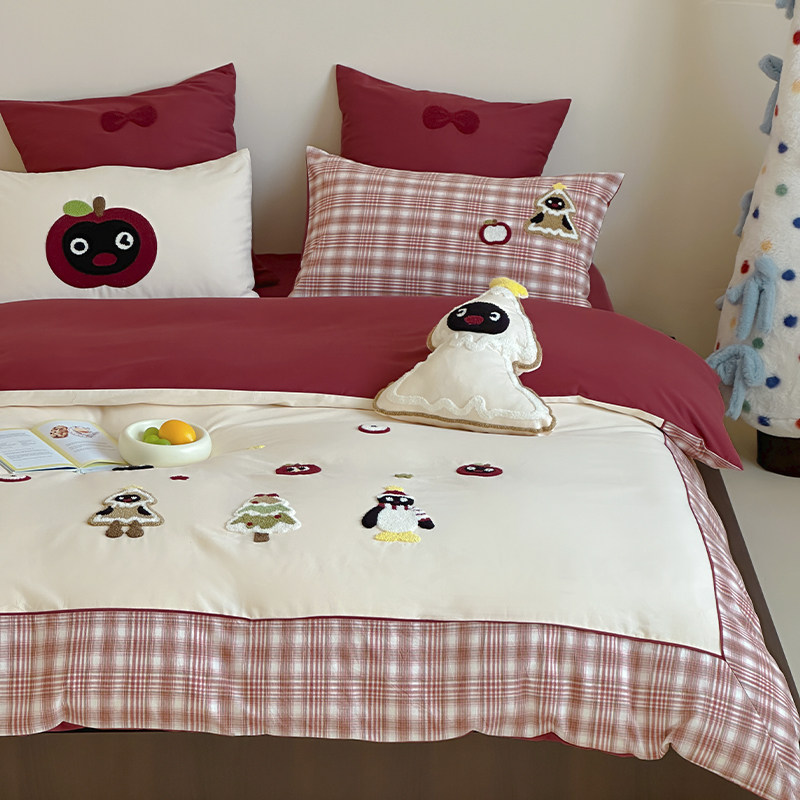 可爱冬季保暖100S纯棉磨毛四件套超柔毛巾绣保暖被套加厚床单床品