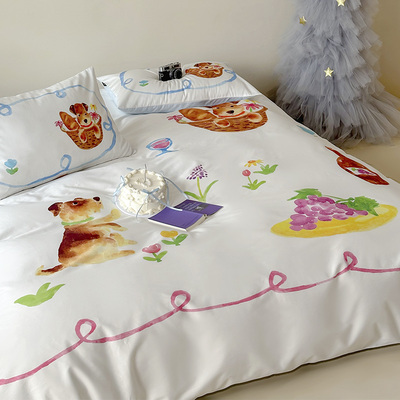 全棉贡缎四件套手绘水彩数码印花