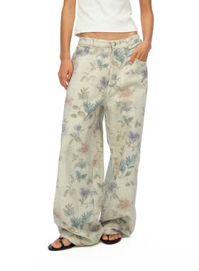 oinimi 植物印花水洗阔腿牛仔裤 中低腰显瘦休闲裤直筒裤