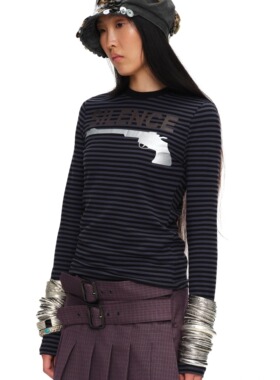 oinimi 深海蓝条纹GUN TEE 修身印花长袖叠穿打底T恤