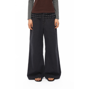 立体剪裁分割宽松洗水休闲裤 裤 做旧星轨撞钉阔脚工装 oinimi