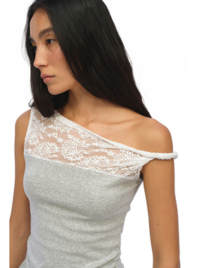oinimi 斜肩蕾丝拼接花灰背心 一字肩修身褶皱上衣Tank top