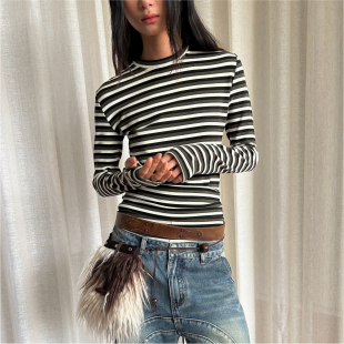 茶绿色条纹内搭上衣 圆领温感德绒打底TEE oinimi 长袖