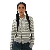 oinimi 花灰条纹花朵刺绣卫衣 贴布绣连帽拉链短外套