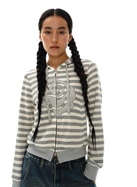 oinimi 花灰条纹花朵刺绣卫衣 贴布绣连帽拉链短外套