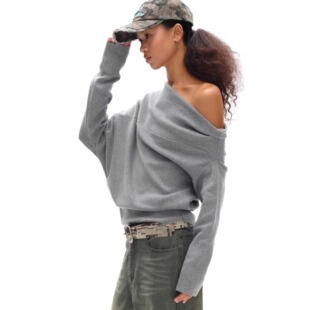 一字肩花灰毛衣针织衫 oinimi 柔软雕塑感褶皱斜肩针织衫