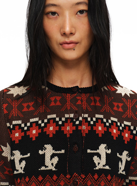 oinimi 费尔岛部落提花短款休闲针织开衫 深烘浓棕雅丹色保暖百搭