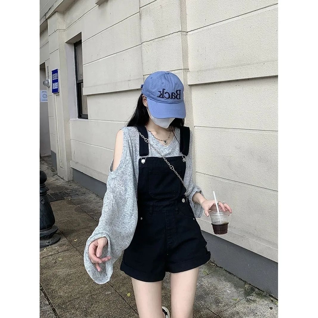 两件套装夏季新款时尚牛仔背带裤女工装连体短裤长袖防晒罩衫上衣