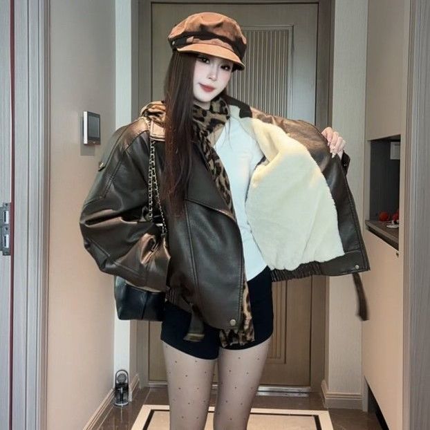 加绒加厚秋冬新款皮衣外套女港风辣妹百搭皮夹克韩版风宽松机车服