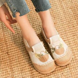 春夏新款老北京布鞋低帮绣花鞋女鞋亚麻舒适简约一脚蹬透气渔夫鞋