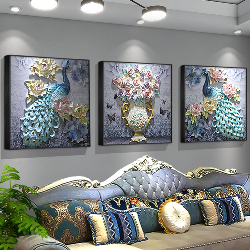 轻奢高档客厅沙发背景墙装饰画三联立体挂画浮雕艺术壁画富贵孔雀图片