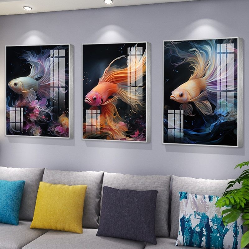 现代简约客厅沙发背景墙装饰画富贵锦鲤三联高级感轻奢挂画艺术画