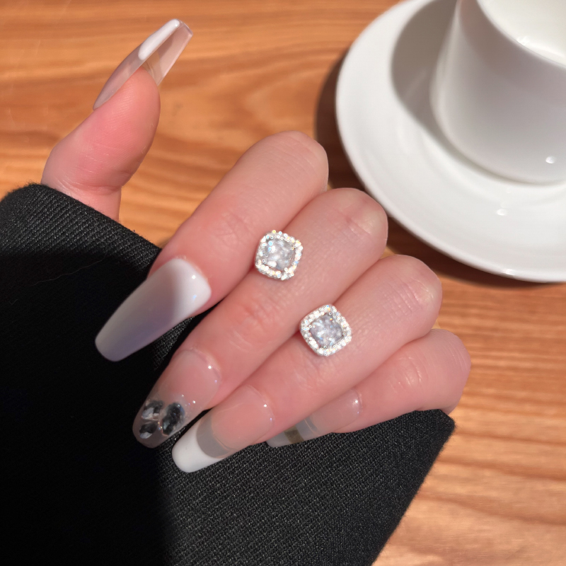 S999银针方形锆石耳钉防过敏耳环