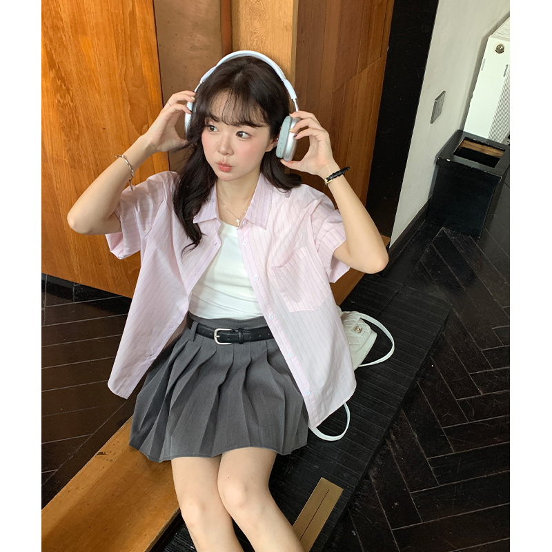 Yoe粉色条纹翻领短袖衬衫女衬衣纯棉宽松上衣夏季新款女装外套正
