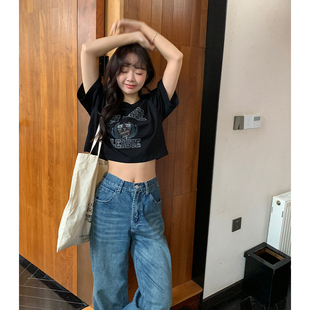 新款 Yoe短袖 t恤女上衣夏季 宽松黑色纯棉正 女装 美式 复古小短t