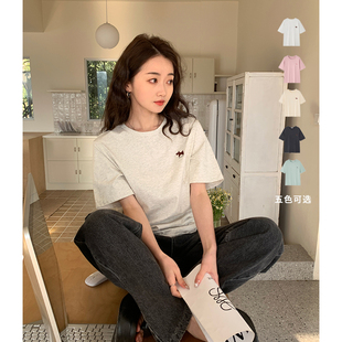 新款 女正肩t恤上衣夏季 左胸刺绣小狗 多色宽松纯棉简约 Yoe短袖
