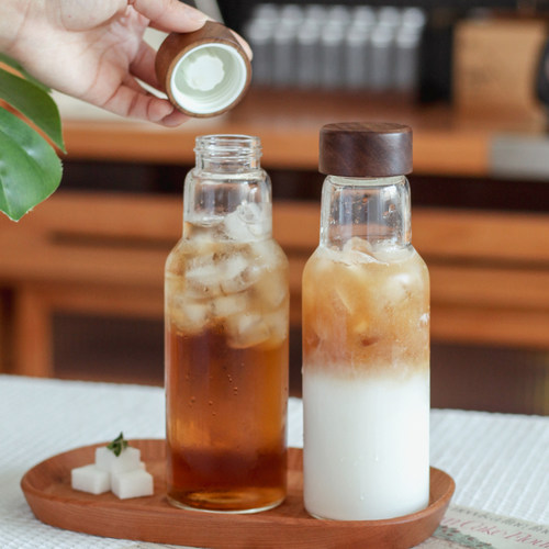 日式实木拧盖果汁咖啡玻璃杯