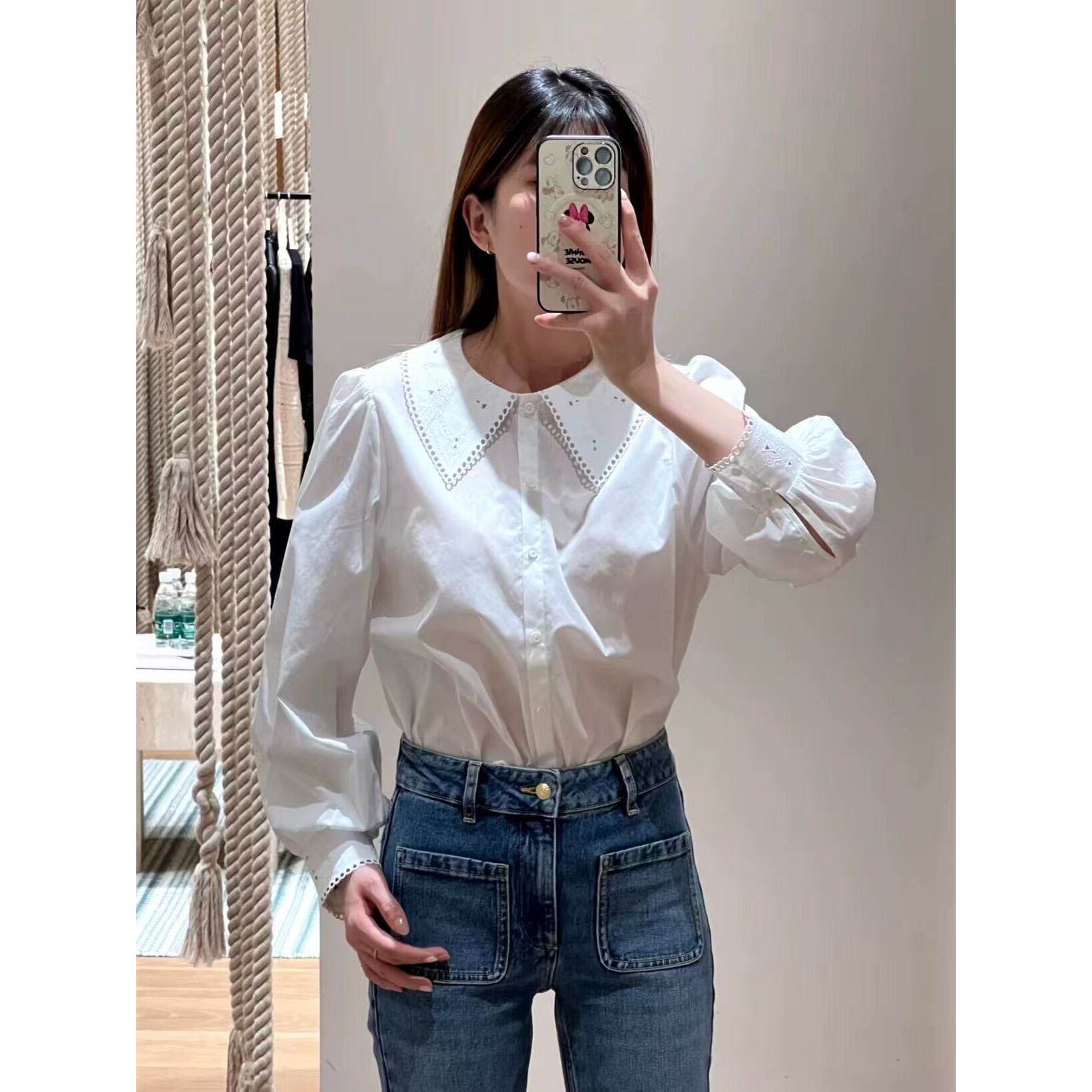 法式衬衣女士2025早春新款娃娃尖领白色刺绣棉质单排扣百搭衬衫女