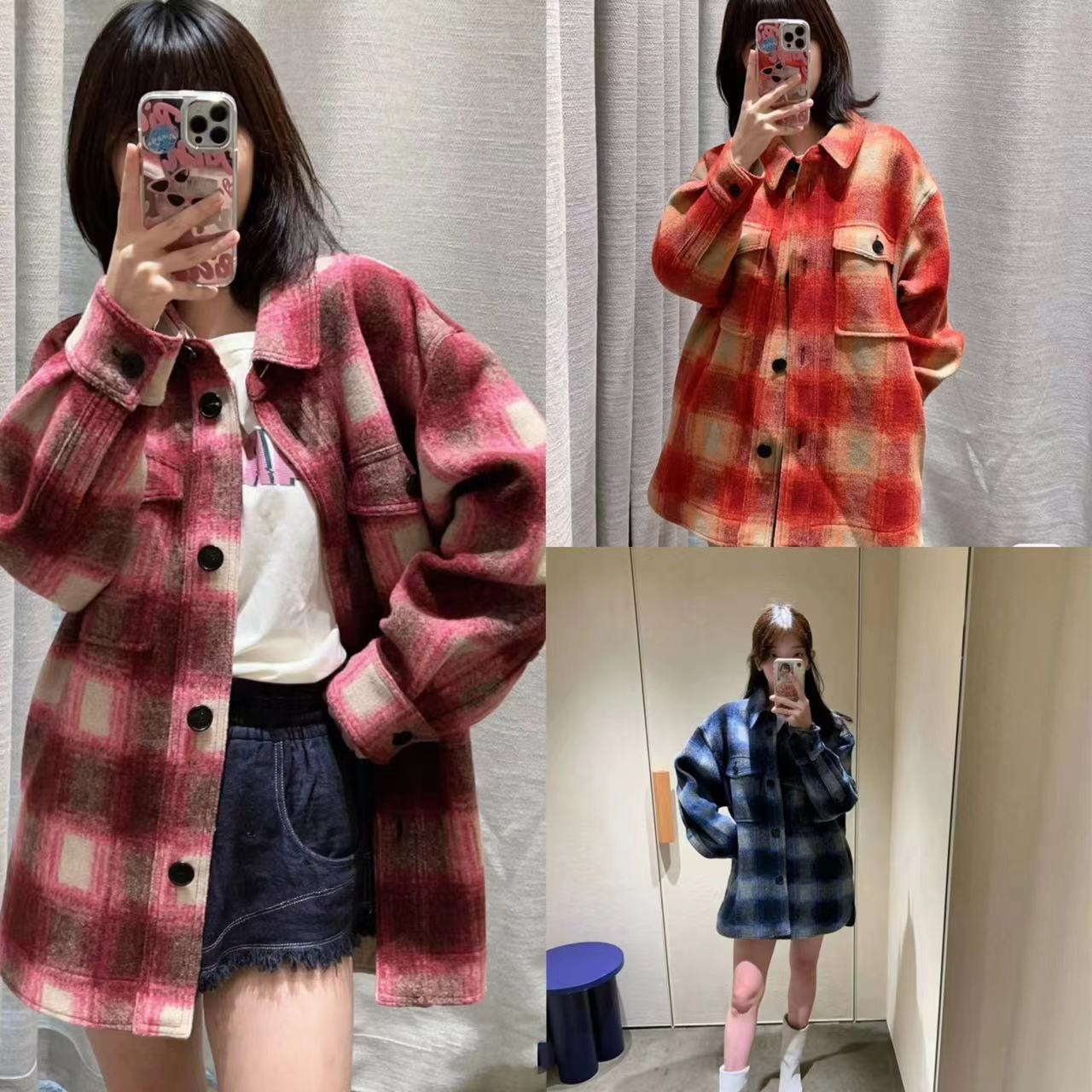 羊毛格纹中长款外套女士经典格纹翻领长袖单排扣羊毛外套冬装保暖