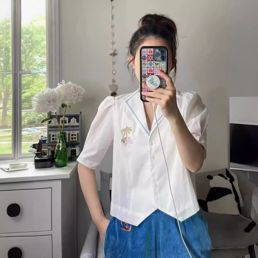 高支棉翻领刺绣LOGO泡泡袖衬衣法式设计感上衣欧美外贸女装