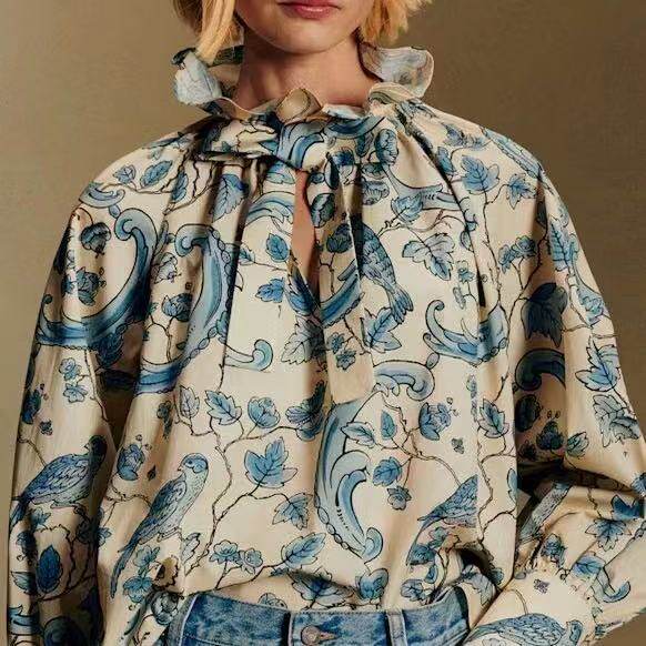 maSande动物印花上衣满印蝴蝶结绑带荷叶边泡泡袖衬衫2026新款衬