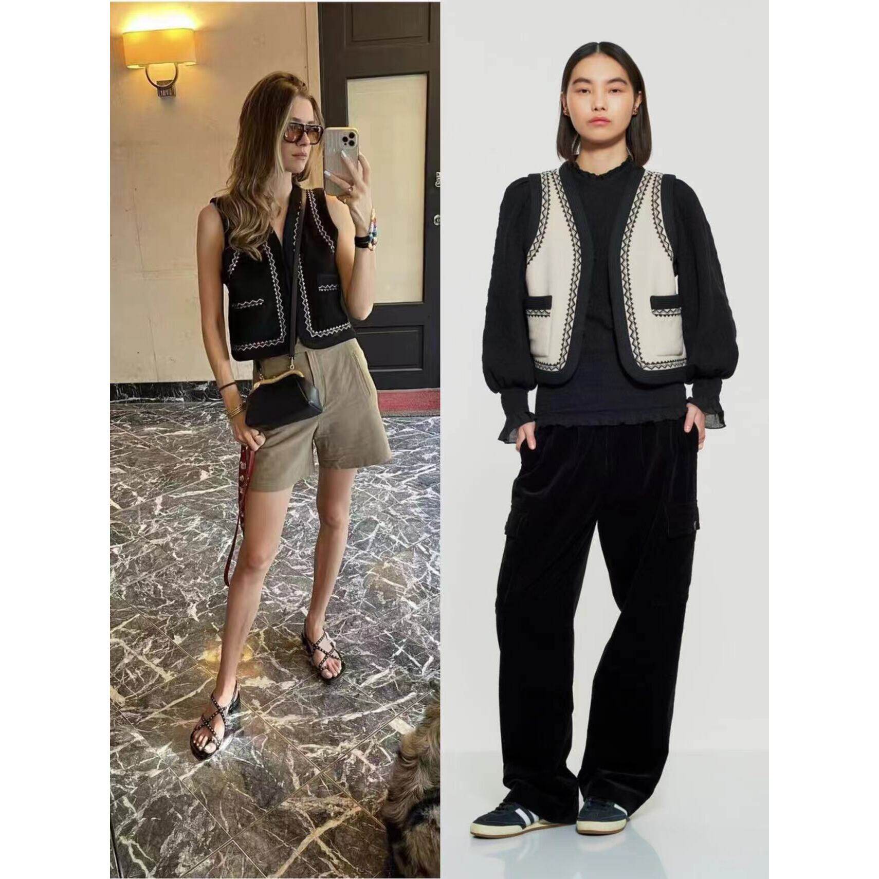 马甲小背心24年新款V领复古刺绣短款口袋提花毛衣马甲女韩版背心