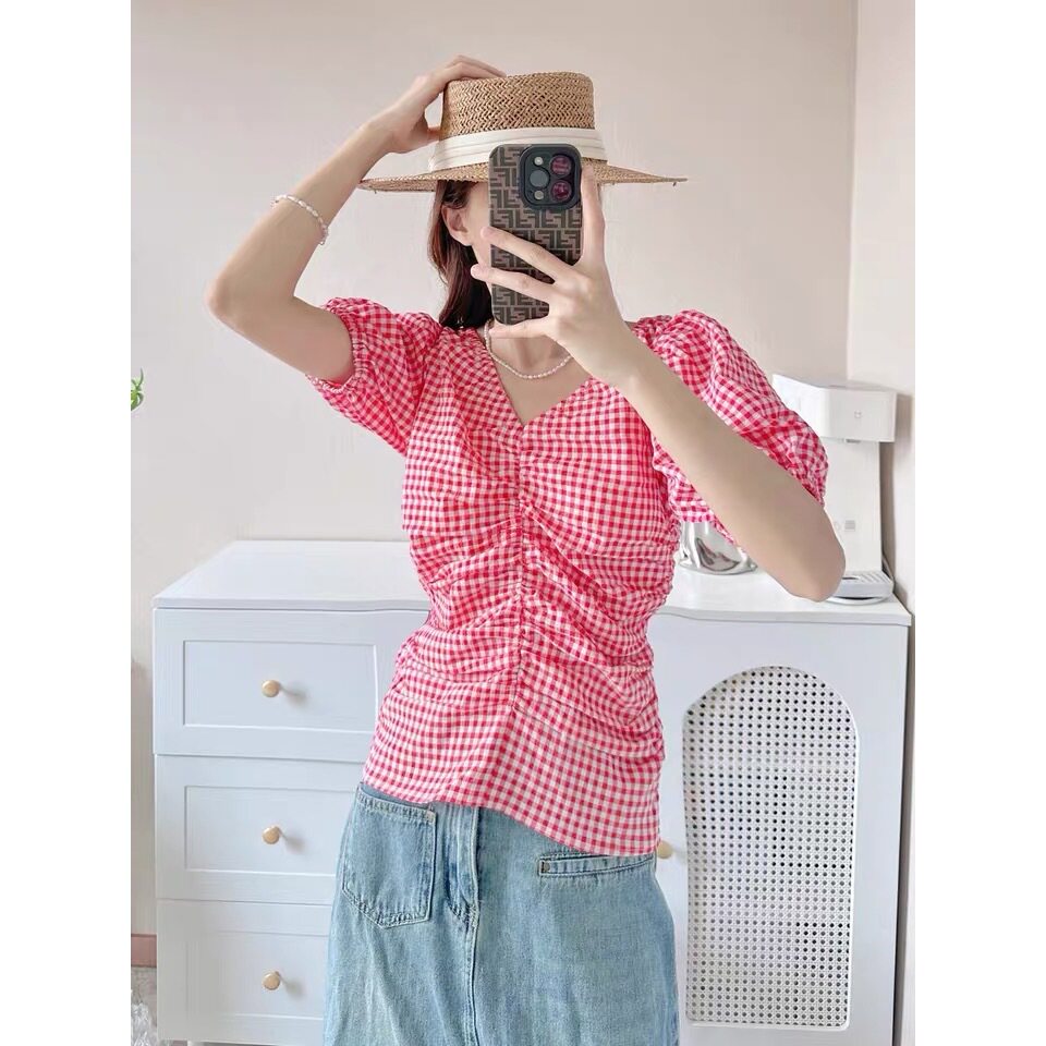 红色格纹上衣V领修身泡泡褶皱衬衫法式复古简约上衣女高级感衬衣