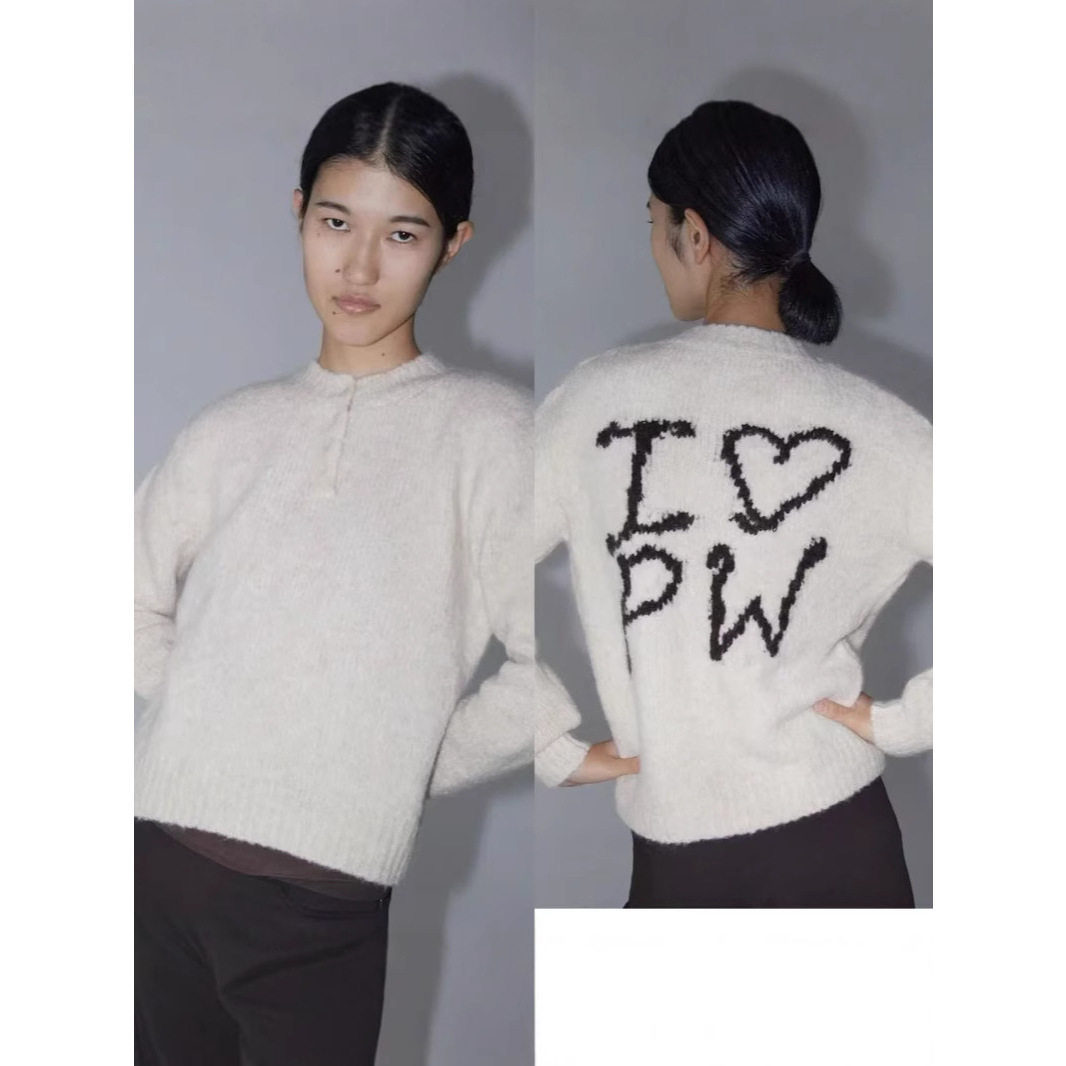 PW西班牙小众女装羊毛混纺字母钩编针织套头休闲圆领毛衣秋冬新款