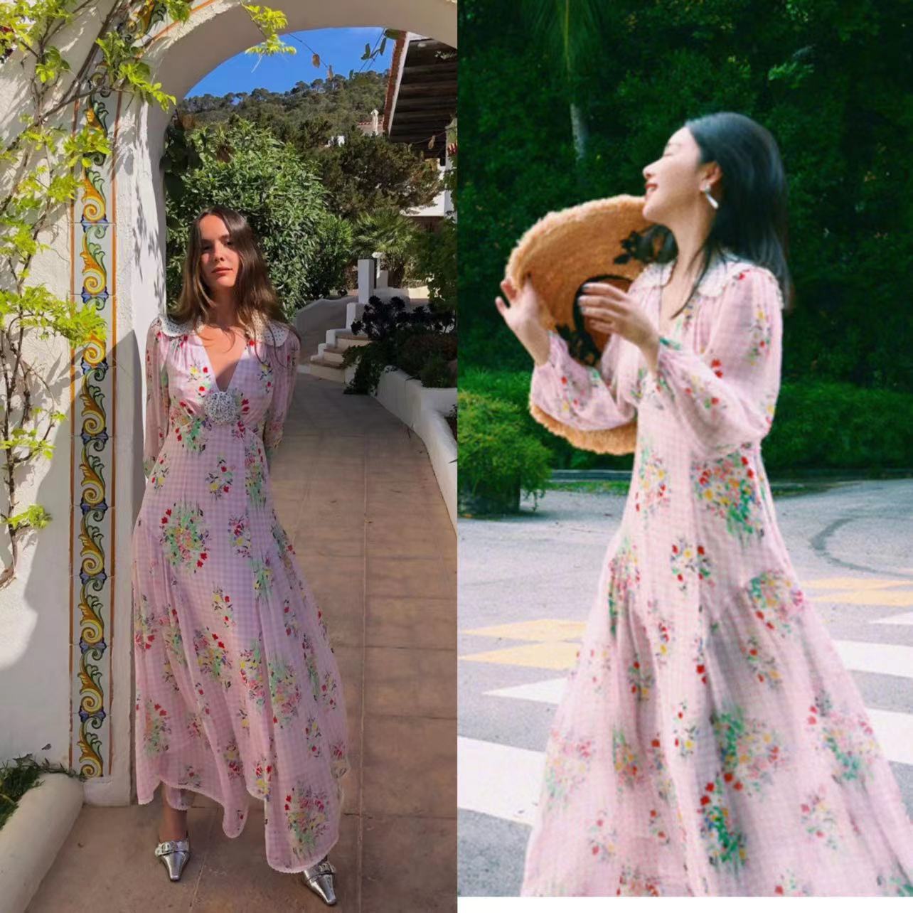 RI2025夏季新款女士长裙浪漫花边撞色波点拼接粉色波浪边连衣裙女