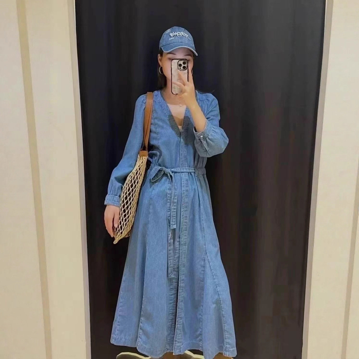 法式小众25年早秋新款复古简约七分袖V领系带中长款牛仔连衣裙女
