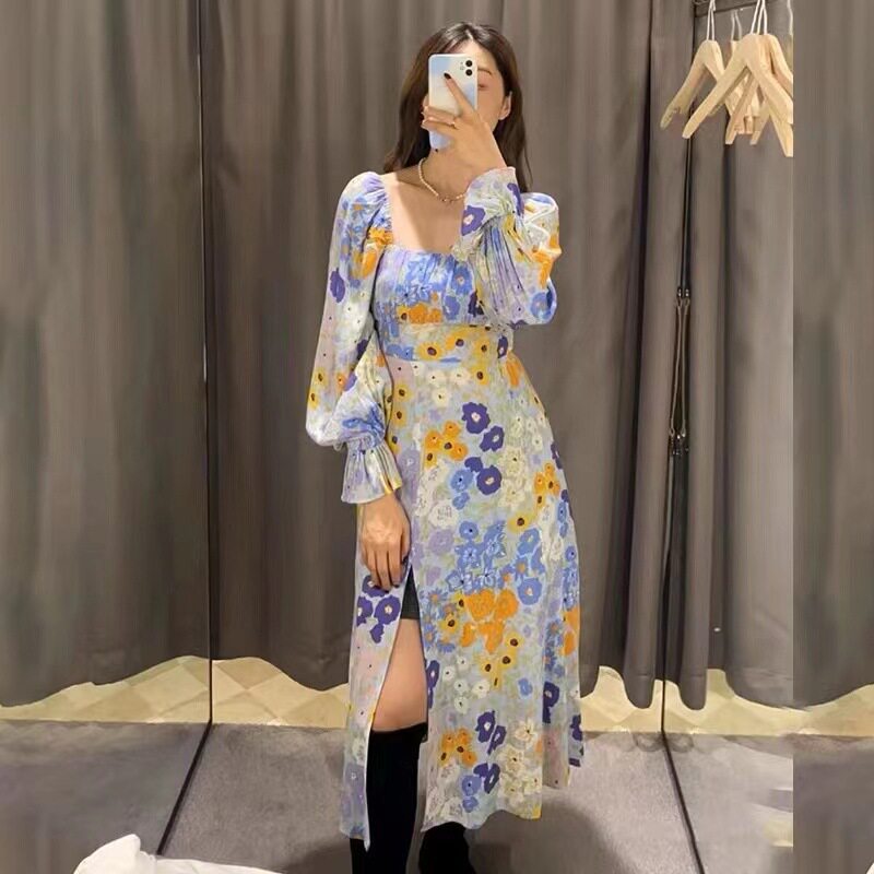 森系服装穿搭田园风长裙名媛淑女印花方领泡泡袖开衩连衣裙31262