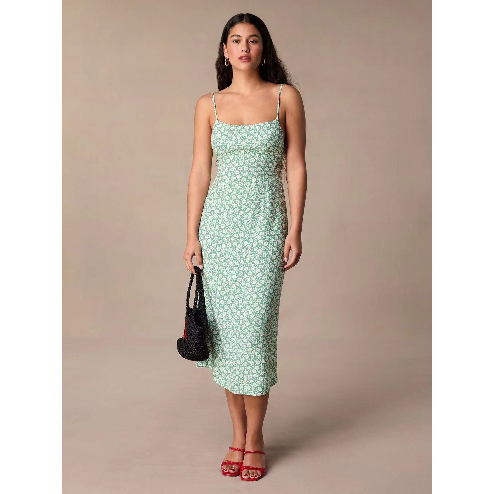 法式RO24年新款绿色人丝印花长裙修身性感露背系带吊带连衣裙纯欲