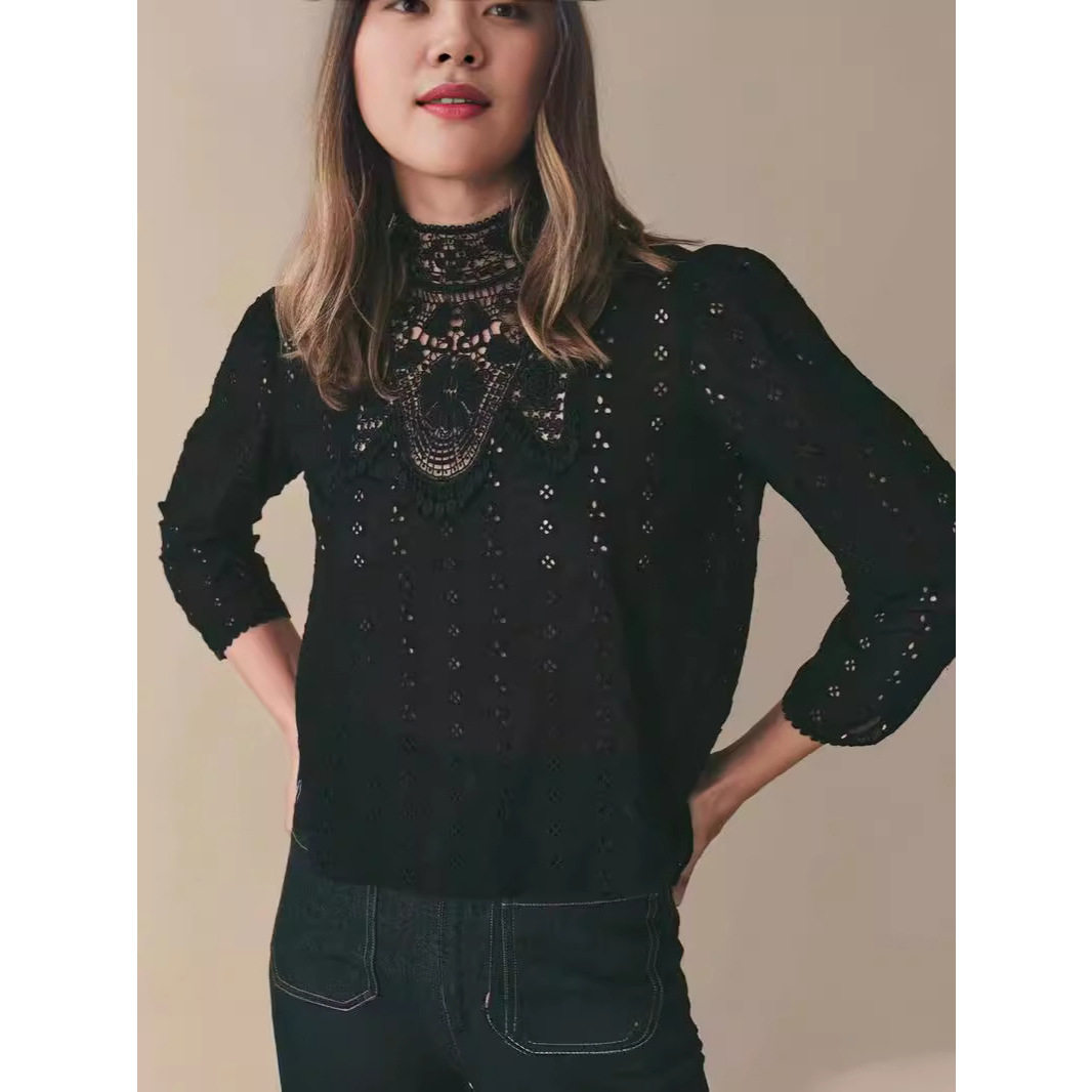 欧美设计感女装厂家法式复古马德拉刺绣镂空蕾丝高领长袖衬衣女式