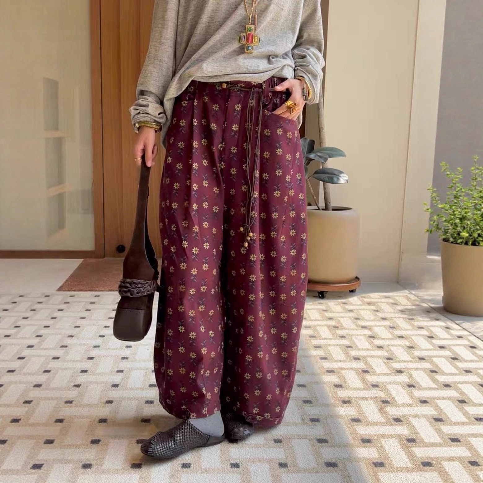 法式宽松直筒裤2025年秋冬新款可收脚棉质印花休闲裤松紧腰九分裤