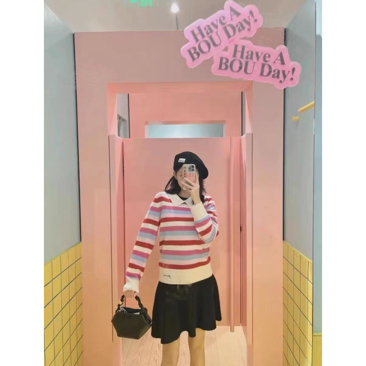 北欧女装设计感2024年新款减龄拼色条纹羊毛娃娃领套头毛衣上衣女