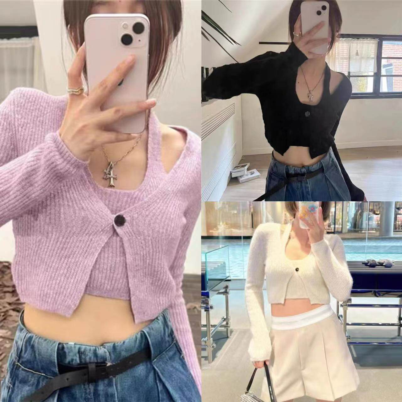纯欲风挂脖假两件套针织开衫外套女韩系慵懒风毛衣外套套装小个子