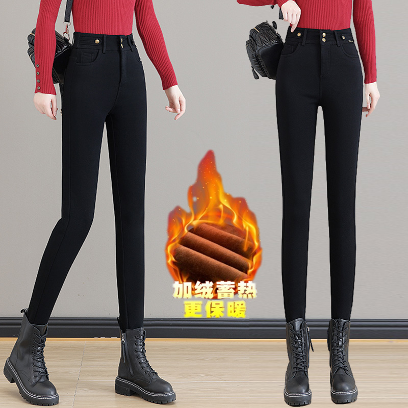 时尚加绒加厚紧身铅笔裤女2023冬季新品高腰两粒扣显瘦保暖小脚裤