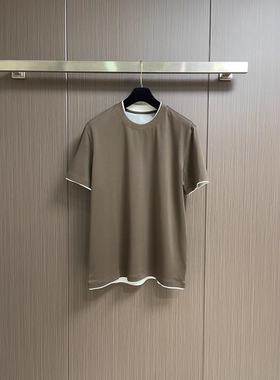 BC版意式轻奢老钱风夏季新款棉莫代尔圆领假两件男士短袖休闲T恤