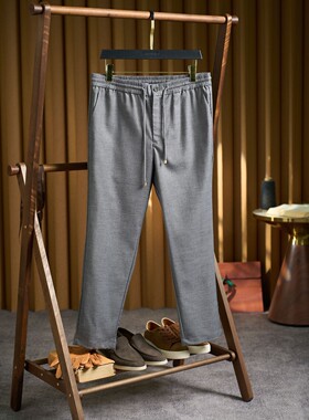 意式老钱风男装2026春夏男士欧美轻奢羊毛抽绳松紧腰直筒休闲裤